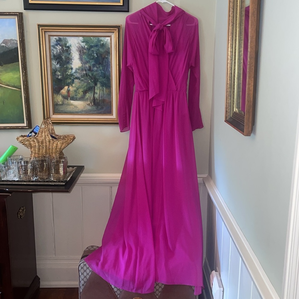 bcbg darci magenta xs s m silk neck tie dress gown prom pink long